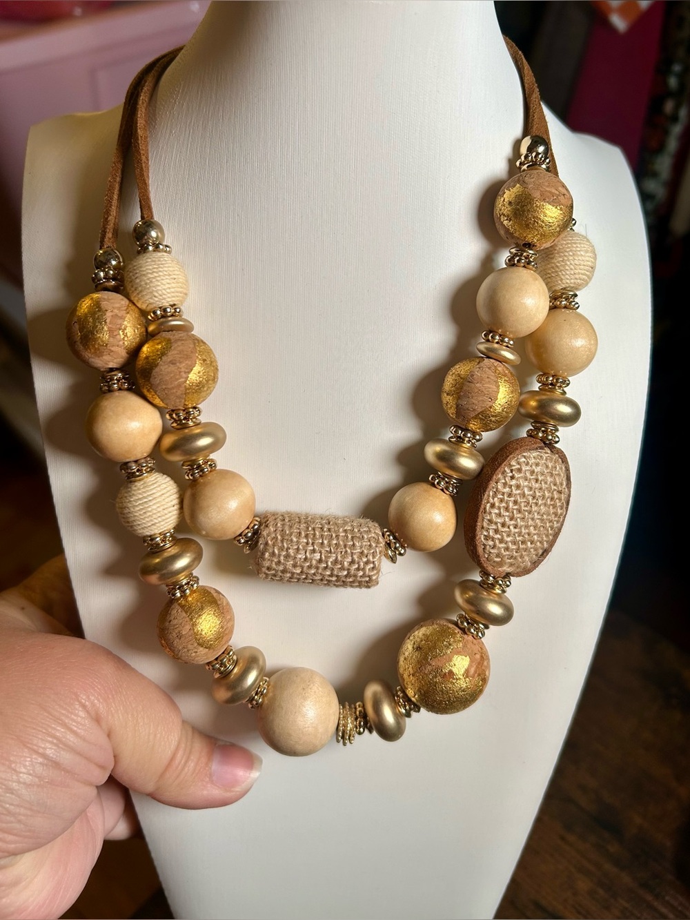 Chico's Double Strand Beaded Necklace in Cream and Gold